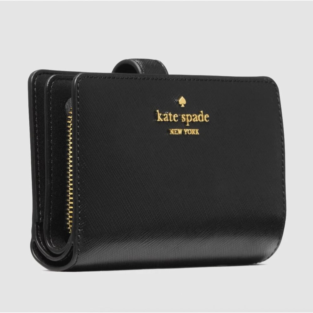 New Kate Spade Medium Compact Bifold Wallet Saffiano Leather Black